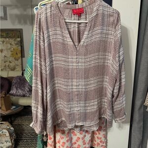 Jennifer Lopez Plaid V-Neck Blouse - Purple and White